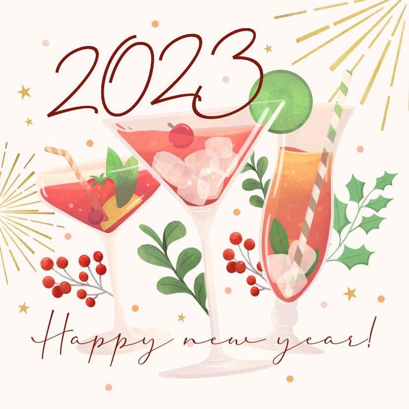 Nieuwjaarskaart cocktails en vuurwerk cheers 2023 - Nieuwjaarskaarten Nieuwjaarskaarten - Nieuwjaarskaart cocktails en vuurwerk cheers 2023
