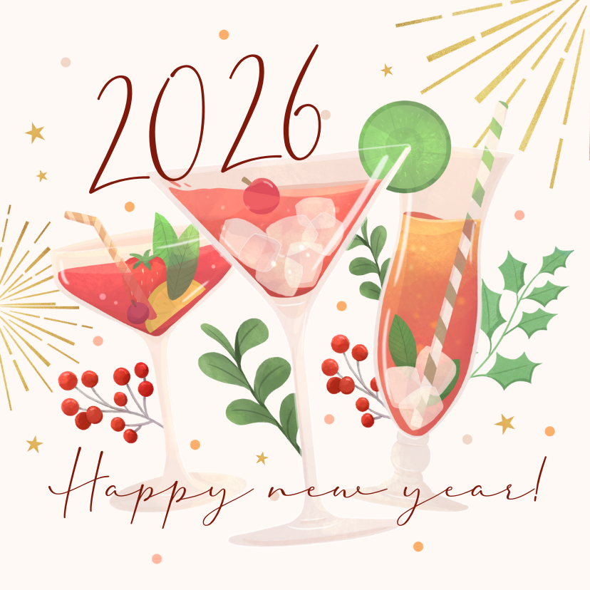 Nieuwjaarskaart cocktails en vuurwerk cheers 2027 - Nieuwjaarskaarten Nieuwjaarskaarten - Nieuwjaarskaart cocktails en vuurwerk cheers 2027