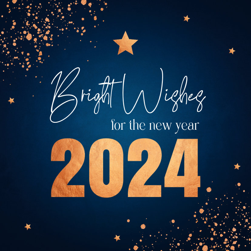 Nieuwjaarskaarten - Nieuwjaarskaart donkerblauw koperlook confetti 2024