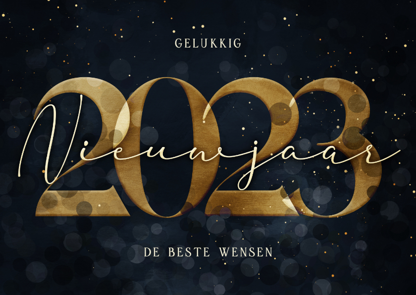 Nieuwjaarskaart donkerblauw met gouden 2023 Kaartje2go