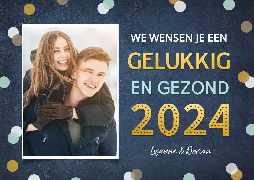 Nieuwjaarskaart enkel met vrolijke confetti, goud en foto - Nieuwjaarskaarten Nieuwjaarskaarten - Nieuwjaarskaart enkel met vrolijke confetti, goud en foto