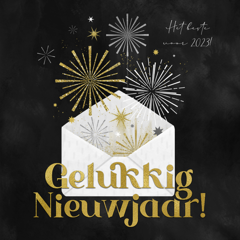 Nieuwjaarskaarten - Nieuwjaarskaart envelop vuurwerk goud sterren 2023