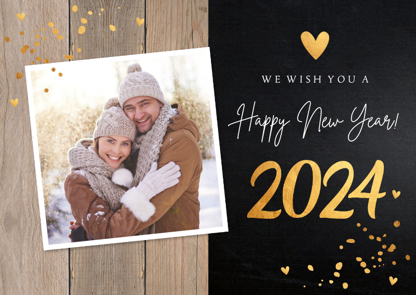 Nieuwjaarskaarten - Nieuwjaarskaart foto confetti goudlook hout krijtbord