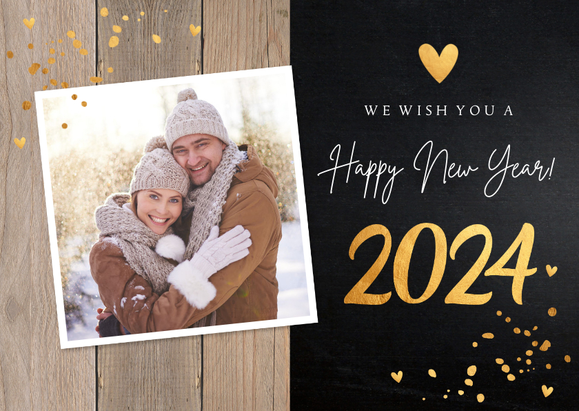 Nieuwjaarskaart foto confetti goudlook hout krijtbord - Nieuwjaarskaarten Nieuwjaarskaarten - Nieuwjaarskaart foto confetti goudlook hout krijtbord