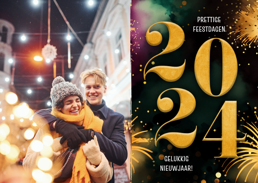 Nieuwjaarskaarten - Nieuwjaarskaart foto vuurwerk gouden 2024
