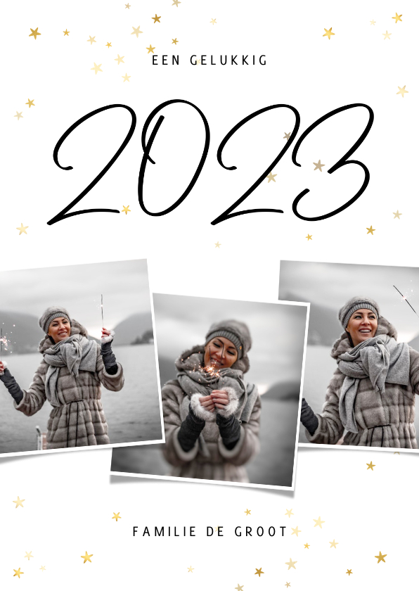 Nieuwjaarskaart fotocollage 2023 met gouden sterren - Nieuwjaarskaarten Nieuwjaarskaarten - Nieuwjaarskaart fotocollage 2023 met gouden sterren