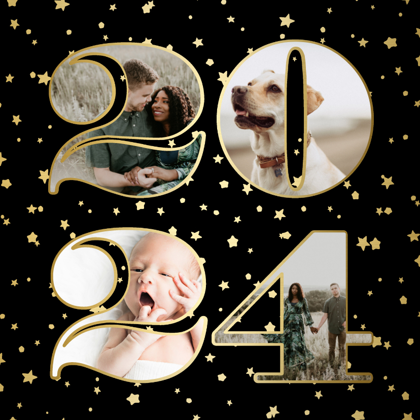 Nieuwjaarskaarten - Nieuwjaarskaart fotocollage 2024 sterren goud