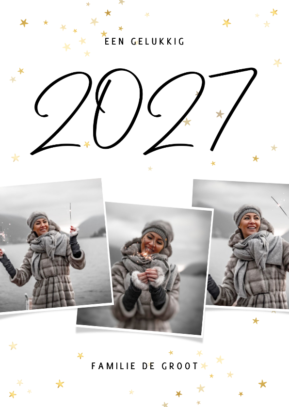 Nieuwjaarskaart fotocollage 2027 met gouden sterren - Nieuwjaarskaarten Nieuwjaarskaarten - Nieuwjaarskaart fotocollage 2027 met gouden sterren