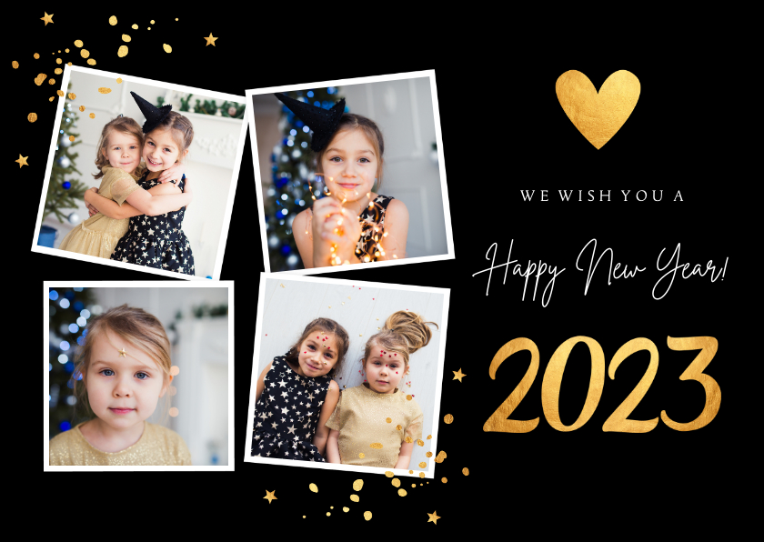 Nieuwjaarskaarten - Nieuwjaarskaart fotocollage confetti hartje goudlook 2023