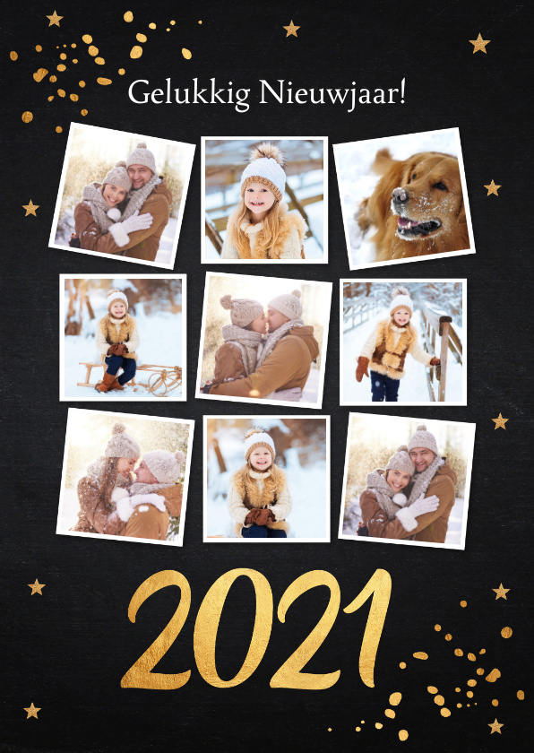 Nieuwjaarskaart fotocollage donker goud confetti - Nieuwjaarskaarten Nieuwjaarskaarten - Nieuwjaarskaart fotocollage donker goud confetti