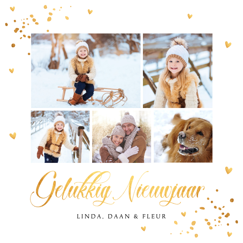 Nieuwjaarskaarten - Nieuwjaarskaart fotocollage goudlook confetti