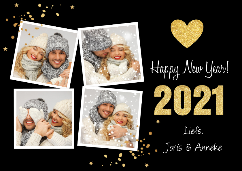 Nieuwjaarskaart fotocollage hartje goudlook - Nieuwjaarskaarten Nieuwjaarskaarten - Nieuwjaarskaart fotocollage hartje goudlook