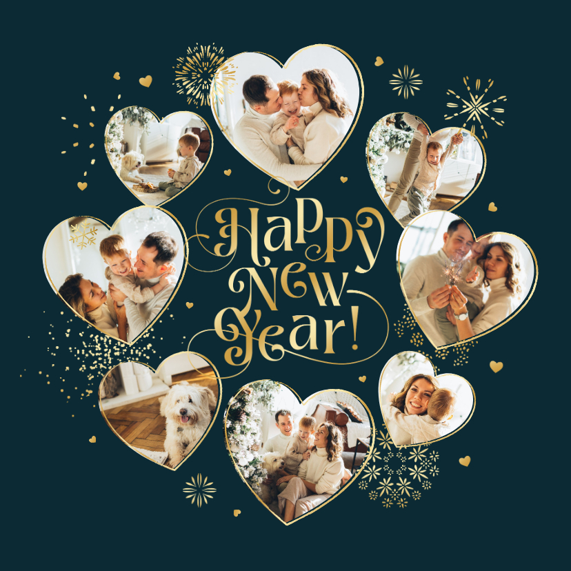 Nieuwjaarskaart fotocollage hartjes vuurwerk liefde goud - Nieuwjaarskaarten Nieuwjaarskaarten - Nieuwjaarskaart fotocollage hartjes vuurwerk liefde goud