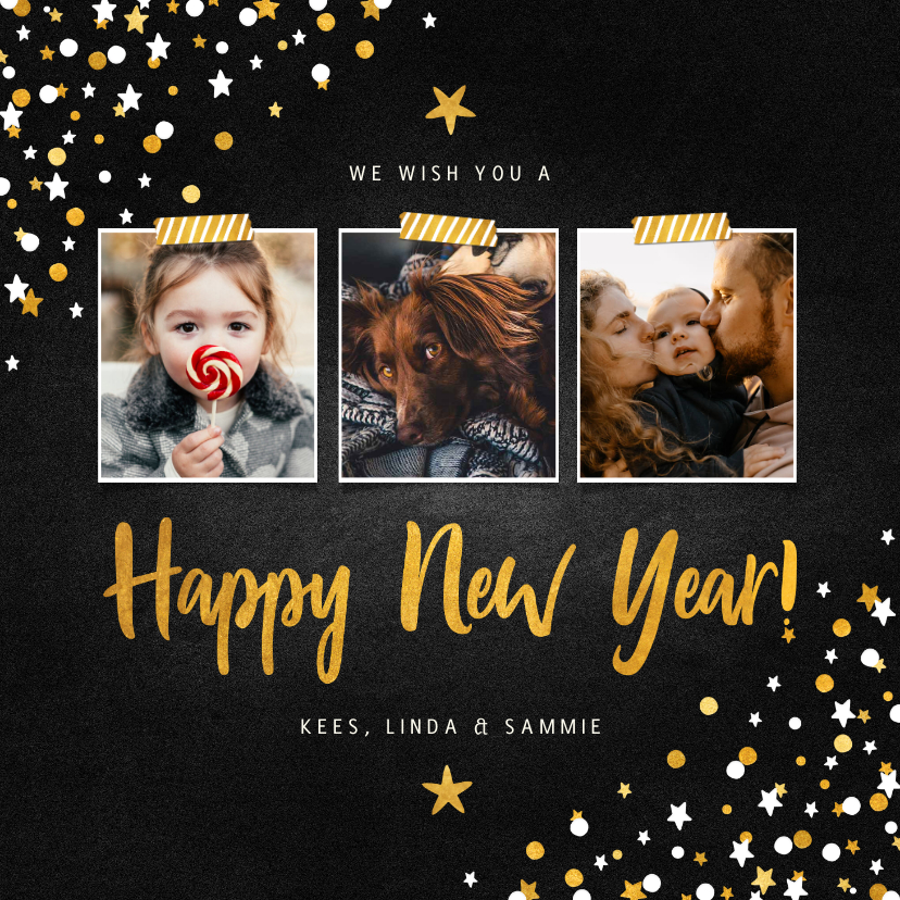 Nieuwjaarskaart fotocollage krijtbord met confetti - Nieuwjaarskaarten Nieuwjaarskaarten - Nieuwjaarskaart fotocollage krijtbord met confetti