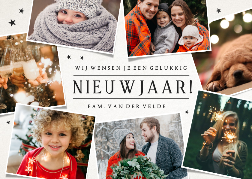 Nieuwjaarskaart fotocollage met 7 eigen foto's en sterren - Nieuwjaarskaarten Nieuwjaarskaarten - Nieuwjaarskaart fotocollage met 7 eigen foto's en sterren