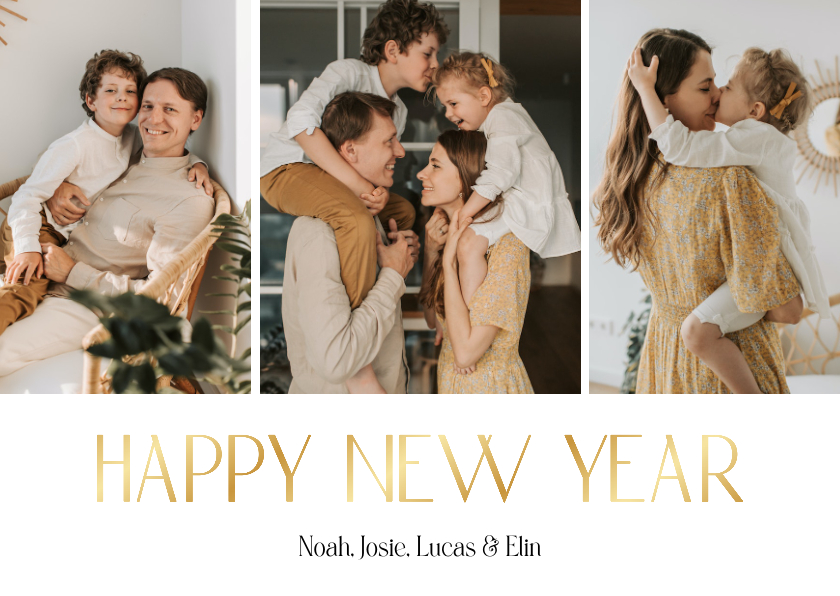 Nieuwjaarskaarten - Nieuwjaarskaart fotocollage met goud happy new year