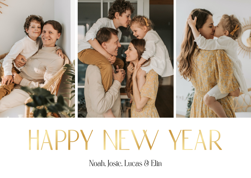 Nieuwjaarskaart fotocollage met goud happy new year - Nieuwjaarskaarten Nieuwjaarskaarten - Nieuwjaarskaart fotocollage met goud happy new year