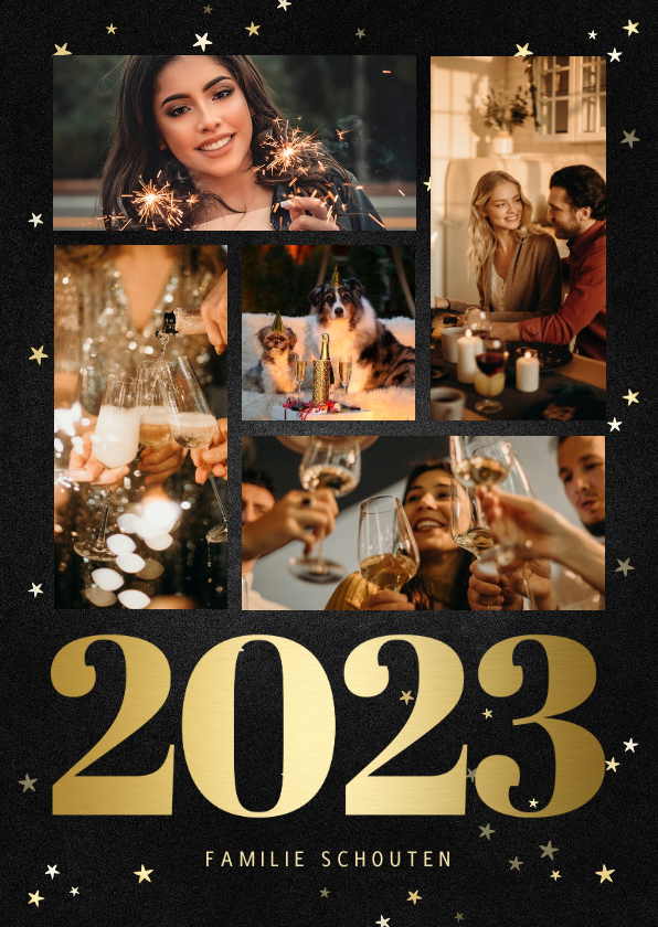 Nieuwjaarskaart fotocollage met gouden 2023 en sterren - Nieuwjaarskaarten Nieuwjaarskaarten - Nieuwjaarskaart fotocollage met gouden 2023 en sterren