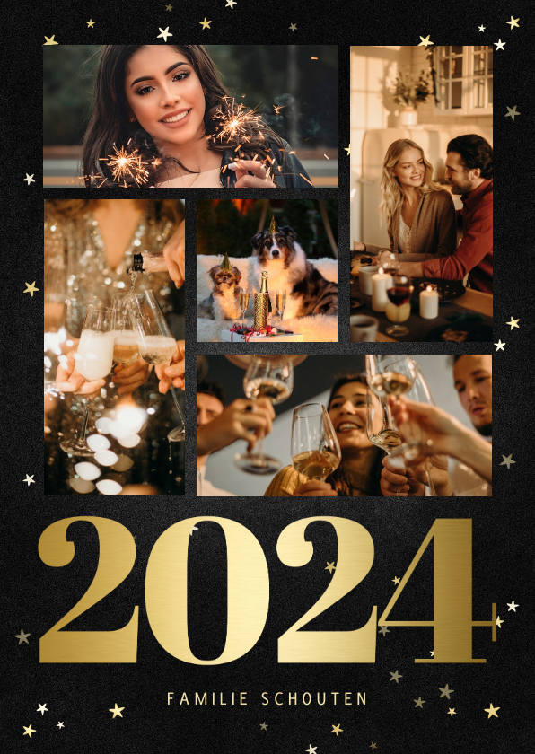 Nieuwjaarskaarten - Nieuwjaarskaart fotocollage met gouden 2024 en sterren