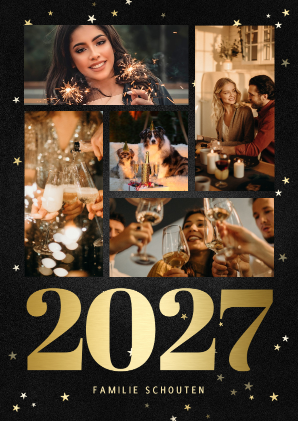 Nieuwjaarskaarten - Nieuwjaarskaart fotocollage met gouden 2027 en sterren