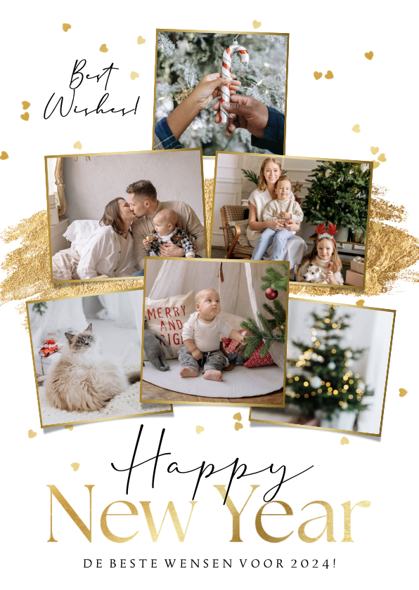 Nieuwjaarskaarten - Nieuwjaarskaart fotocollage verfstreep goud hartjesconfetti
