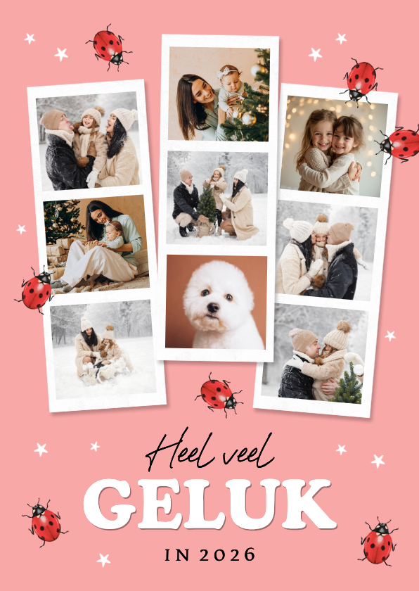 Nieuwjaarskaart geluk fotocollage lieveheersbeestjes sterren - Nieuwjaarskaarten Nieuwjaarskaarten - Nieuwjaarskaart geluk fotocollage lieveheersbeestjes sterren