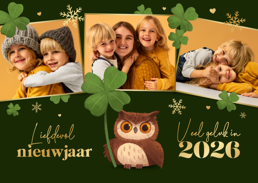 Nieuwjaarskaart geluk klavertjes vier sneeuw uiltje foto's - Nieuwjaarskaarten Nieuwjaarskaarten - Nieuwjaarskaart geluk klavertjes vier sneeuw uiltje foto's