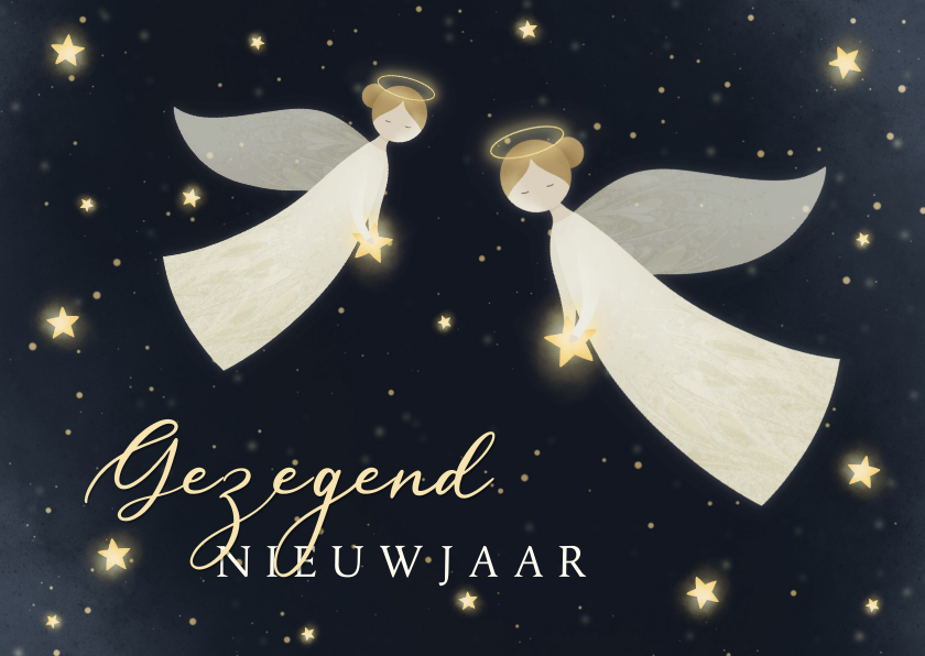 Nieuwjaarskaarten - Nieuwjaarskaart Gezegend Nieuwjaar met 2 engelen en sterren