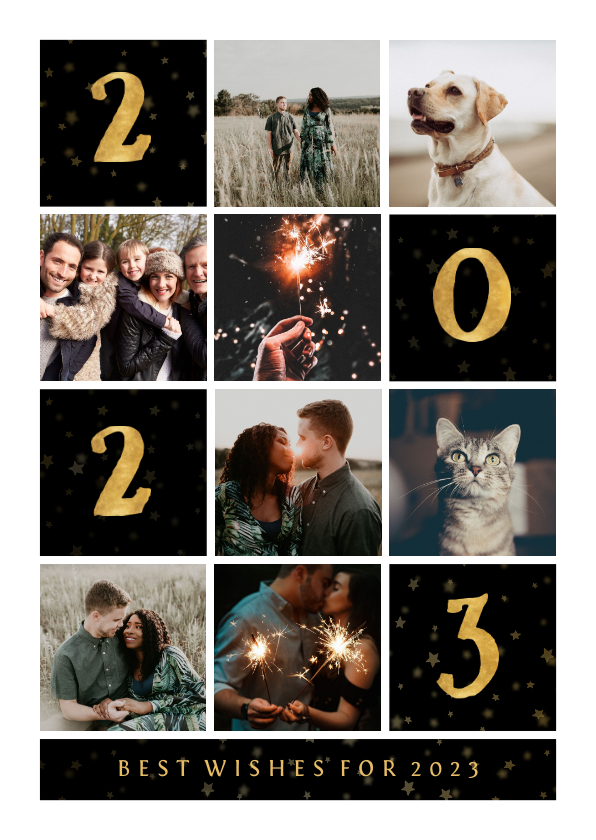 Nieuwjaarskaart gouden 2023 met vakjes en foto's - Nieuwjaarskaarten Nieuwjaarskaarten - Nieuwjaarskaart gouden 2023 met vakjes en foto's