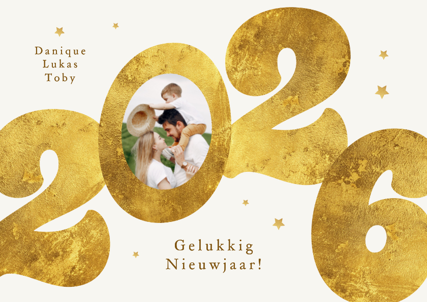 Nieuwjaarskaart gouden 2026 sterren stijlvol modern foto - Nieuwjaarskaarten Nieuwjaarskaarten - Nieuwjaarskaart gouden 2026 sterren stijlvol modern foto