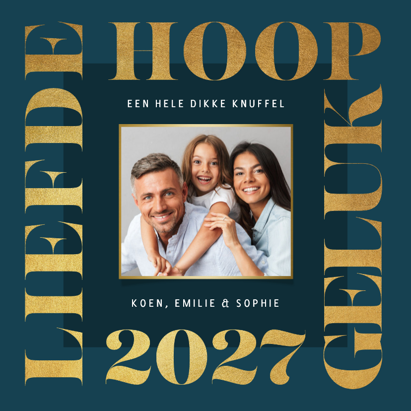 Nieuwjaarskaart grafisch modern goud foto 2027 liefde - Nieuwjaarskaarten Nieuwjaarskaarten - Nieuwjaarskaart grafisch modern goud foto 2027 liefde