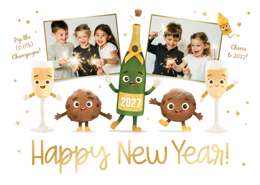 Nieuwjaarskaarten - Nieuwjaarskaart grappig illustratie foto oliebol champagne