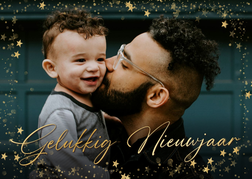 Nieuwjaarskaart grote foto goud sterretjeskader - Nieuwjaarskaarten Nieuwjaarskaarten - Nieuwjaarskaart grote foto goud sterretjeskader