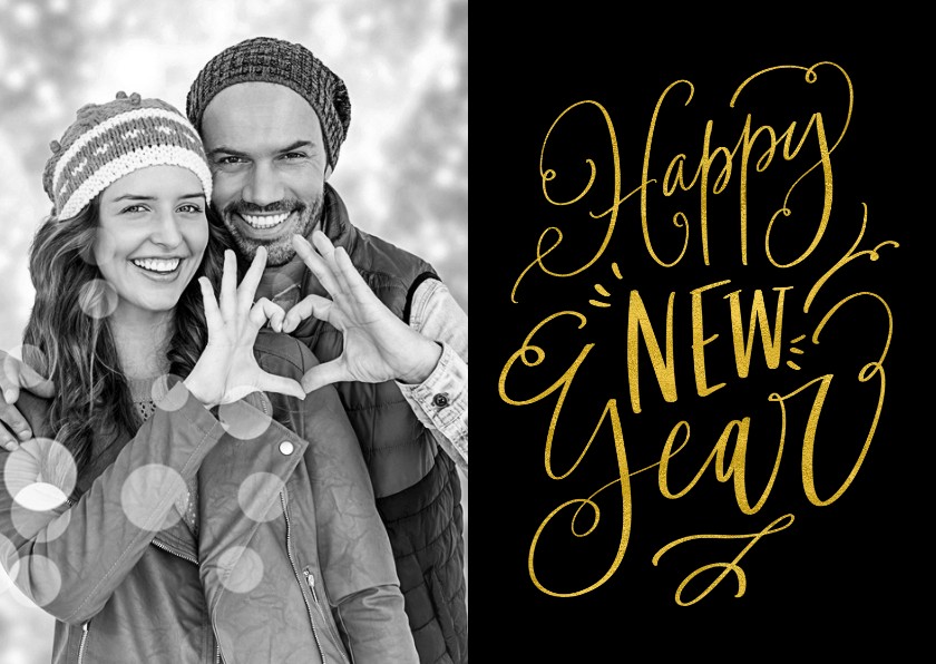 Nieuwjaarskaarten - Nieuwjaarskaart handlettering Happy New Year zwart met goud 