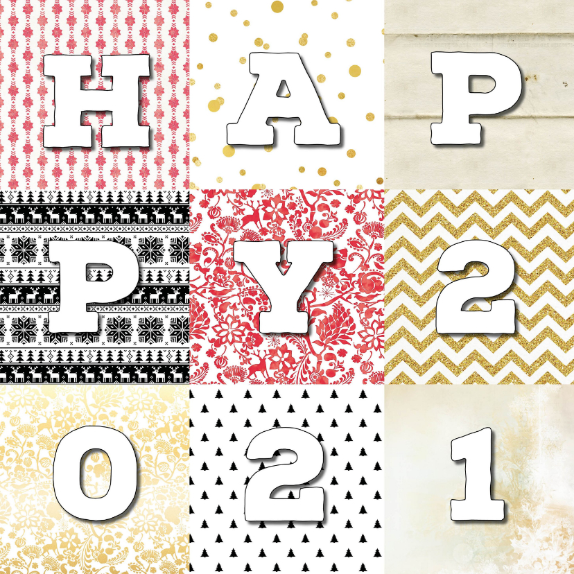Nieuwjaarskaart Happy 2021 Patchwork - Nieuwjaarskaarten Nieuwjaarskaarten - Nieuwjaarskaart Happy 2021 Patchwork