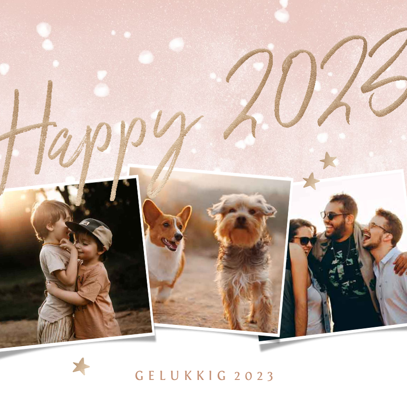Nieuwjaarskaart happy 2023 met 3 foto's en waterverf sneeuw - Nieuwjaarskaarten Nieuwjaarskaarten - Nieuwjaarskaart happy 2023 met 3 foto's en waterverf sneeuw