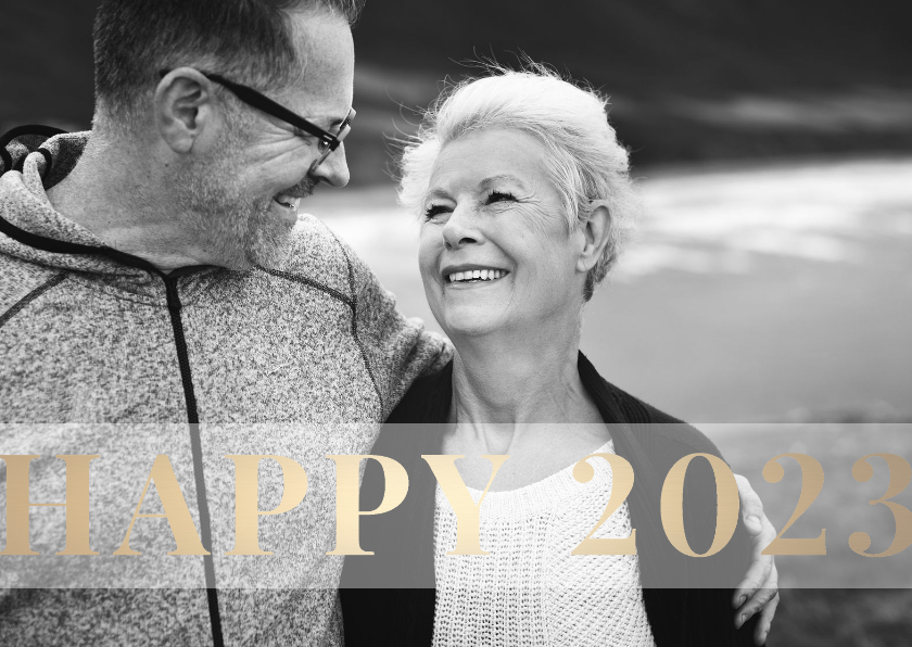 Nieuwjaarskaart 'Happy 2023' stijlvol goud - Nieuwjaarskaarten Nieuwjaarskaarten - Nieuwjaarskaart 'Happy 2023' stijlvol goud