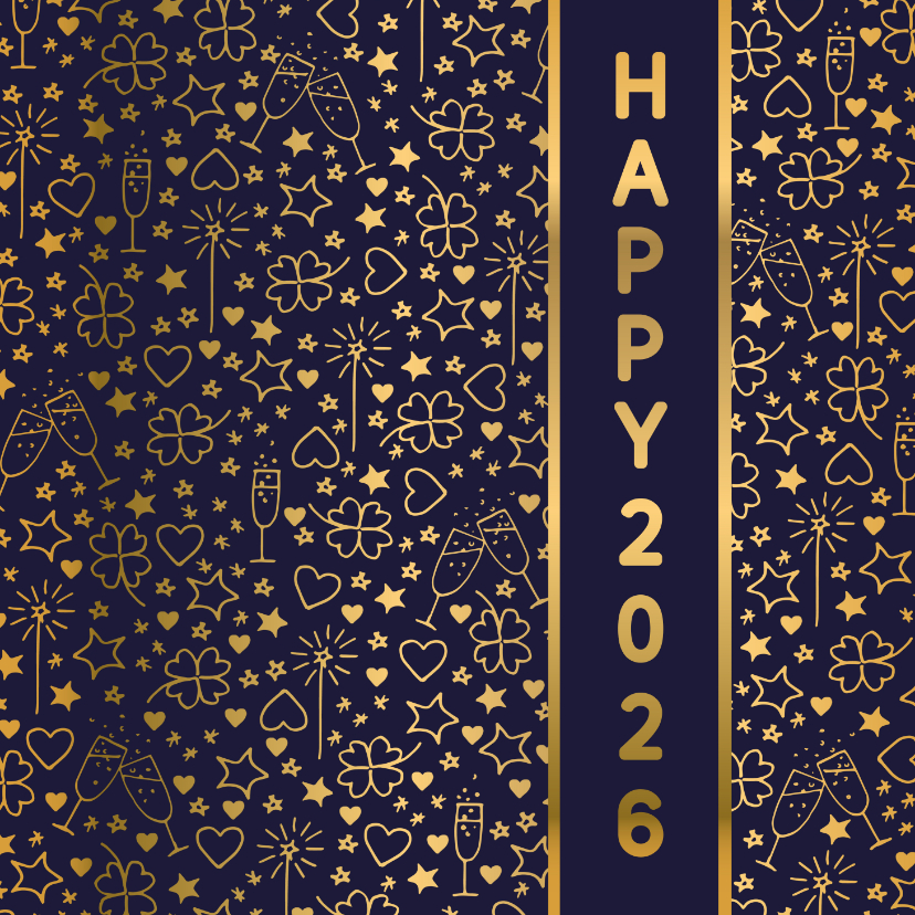 Nieuwjaarskaarten - Nieuwjaarskaart happy 2026 illustraties goudlook
