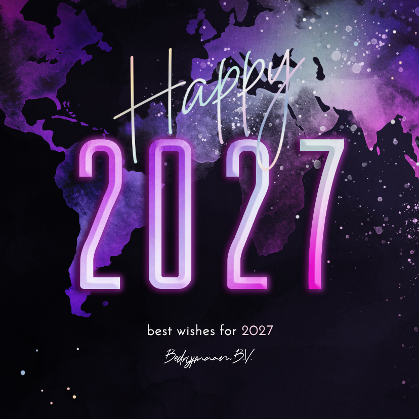 Nieuwjaarskaarten - Nieuwjaarskaart happy 2027 wereldkaart in neonkleuren