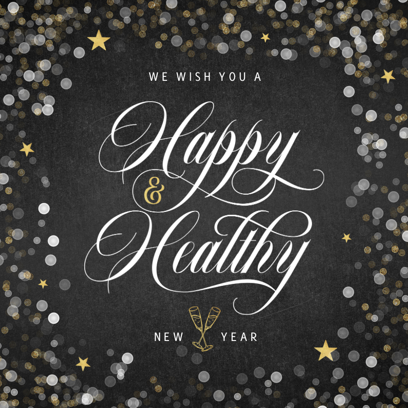 Nieuwjaarskaart happy healthy krijtbord confetti goud ster - Nieuwjaarskaarten Nieuwjaarskaarten - Nieuwjaarskaart happy healthy krijtbord confetti goud ster