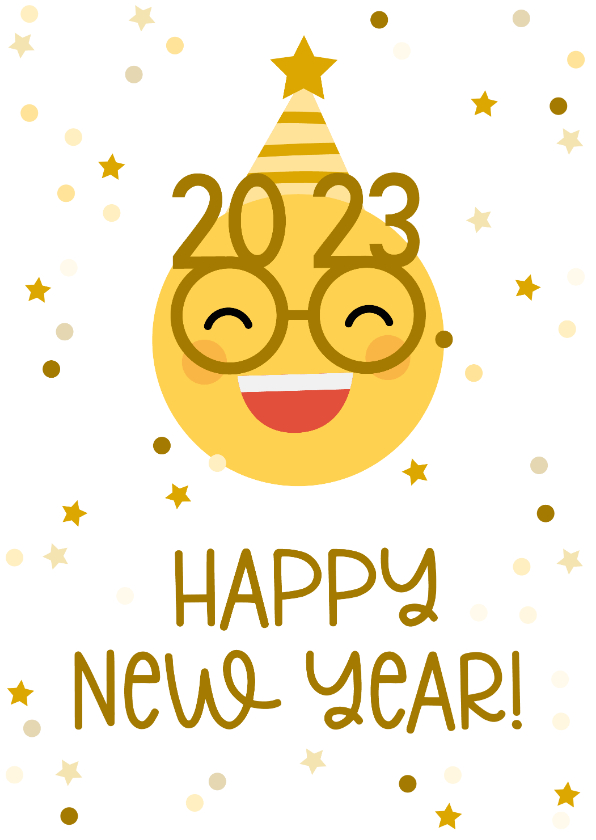 Nieuwjaarskaart happy new year emoji met 2023 bril - Nieuwjaarskaarten Nieuwjaarskaarten - Nieuwjaarskaart happy new year emoji met 2023 bril