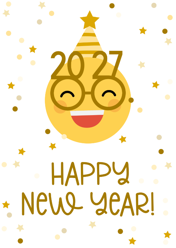 Nieuwjaarskaart happy new year emoji met 2027 bril - Nieuwjaarskaarten Nieuwjaarskaarten - Nieuwjaarskaart happy new year emoji met 2027 bril