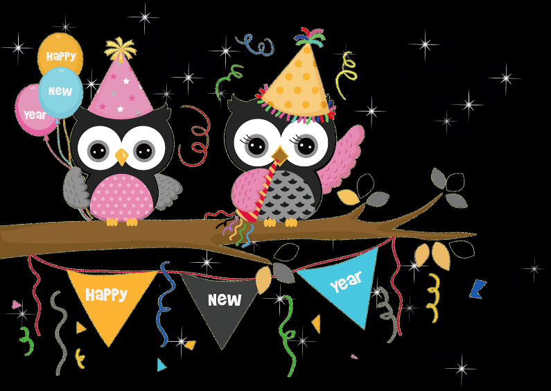 Nieuwjaarskaart Happy new year met uilen - Nieuwjaarskaarten Nieuwjaarskaarten - Nieuwjaarskaart Happy new year met uilen