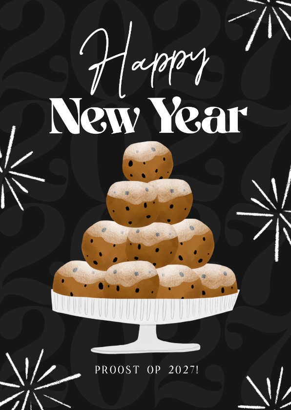 Nieuwjaarskaart happy new year oliebollen zwart 2027 - Nieuwjaarskaarten Nieuwjaarskaarten - Nieuwjaarskaart happy new year oliebollen zwart 2027