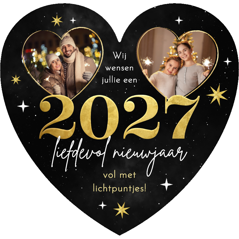 Nieuwjaarskaart hartvorm sterren vuurwerk foto goud 2027 - Nieuwjaarskaarten Nieuwjaarskaarten - Nieuwjaarskaart hartvorm sterren vuurwerk foto goud 2027
