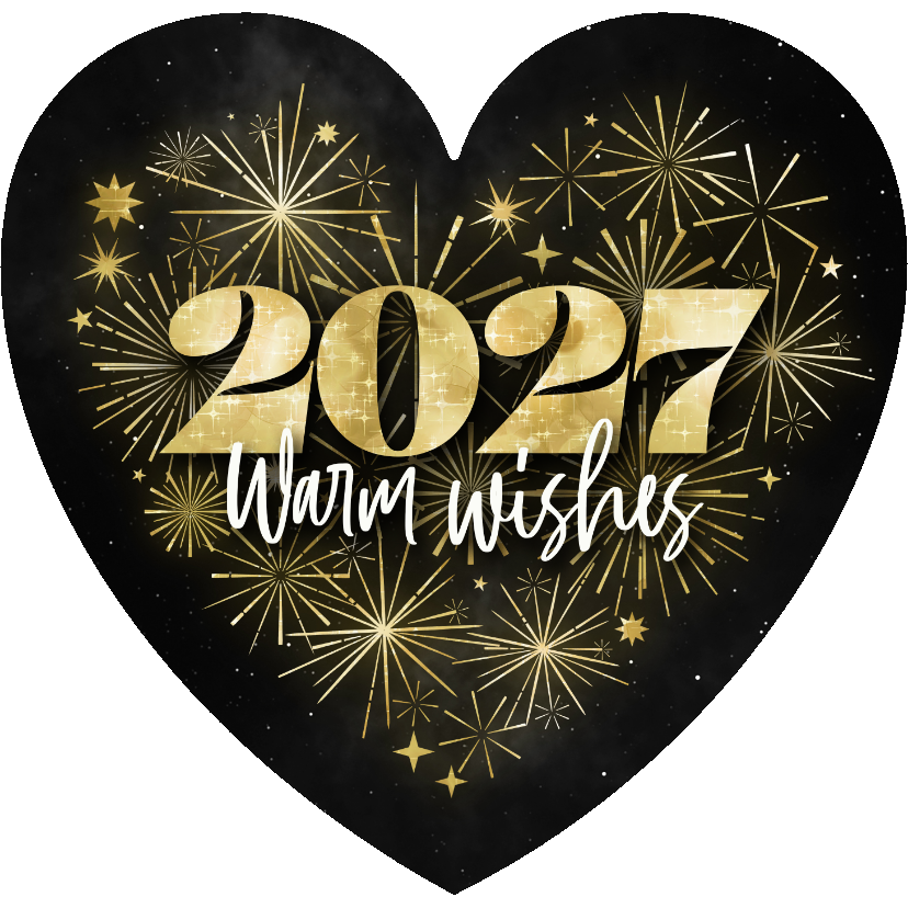 Nieuwjaarskaarten - Nieuwjaarskaart hartvorm vuurwerk goud warm wishes 2027