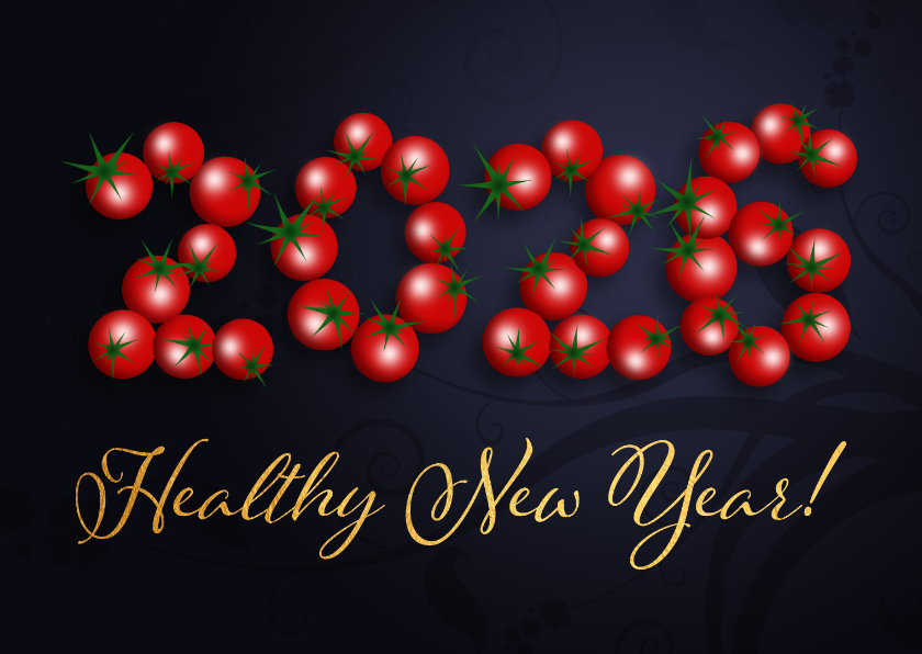 Nieuwjaarskaart healthy new year tomaatjes - Nieuwjaarskaarten Nieuwjaarskaarten - Nieuwjaarskaart healthy new year tomaatjes