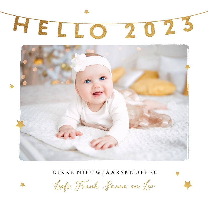 Nieuwjaarskaart hello 2023 foto sterren goud liefde - Nieuwjaarskaarten Nieuwjaarskaarten - Nieuwjaarskaart hello 2023 foto sterren goud liefde