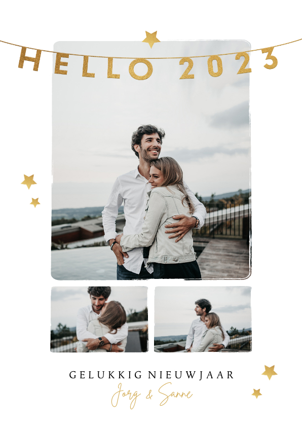 Nieuwjaarskaart Hello 2023 slinger fotocollage sterren goud - Nieuwjaarskaarten Nieuwjaarskaarten - Nieuwjaarskaart Hello 2023 slinger fotocollage sterren goud