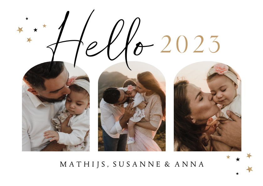 Nieuwjaarskaart hello 2023 stijlvol foto's sterren goud hip - Nieuwjaarskaarten Nieuwjaarskaarten - Nieuwjaarskaart hello 2023 stijlvol foto's sterren goud hip